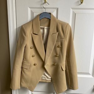 Tan beige double breasted gold button blazer